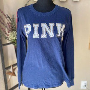 4/$20 PINK Victoria's Secret Navy Long Sleeve Shirt w/ Sequins and Red Stripe XS